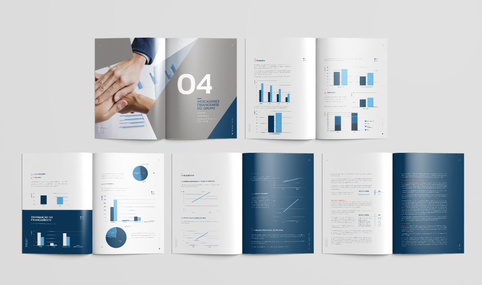 Páginas de relatório de contas com indicadores e gráficos financeiros